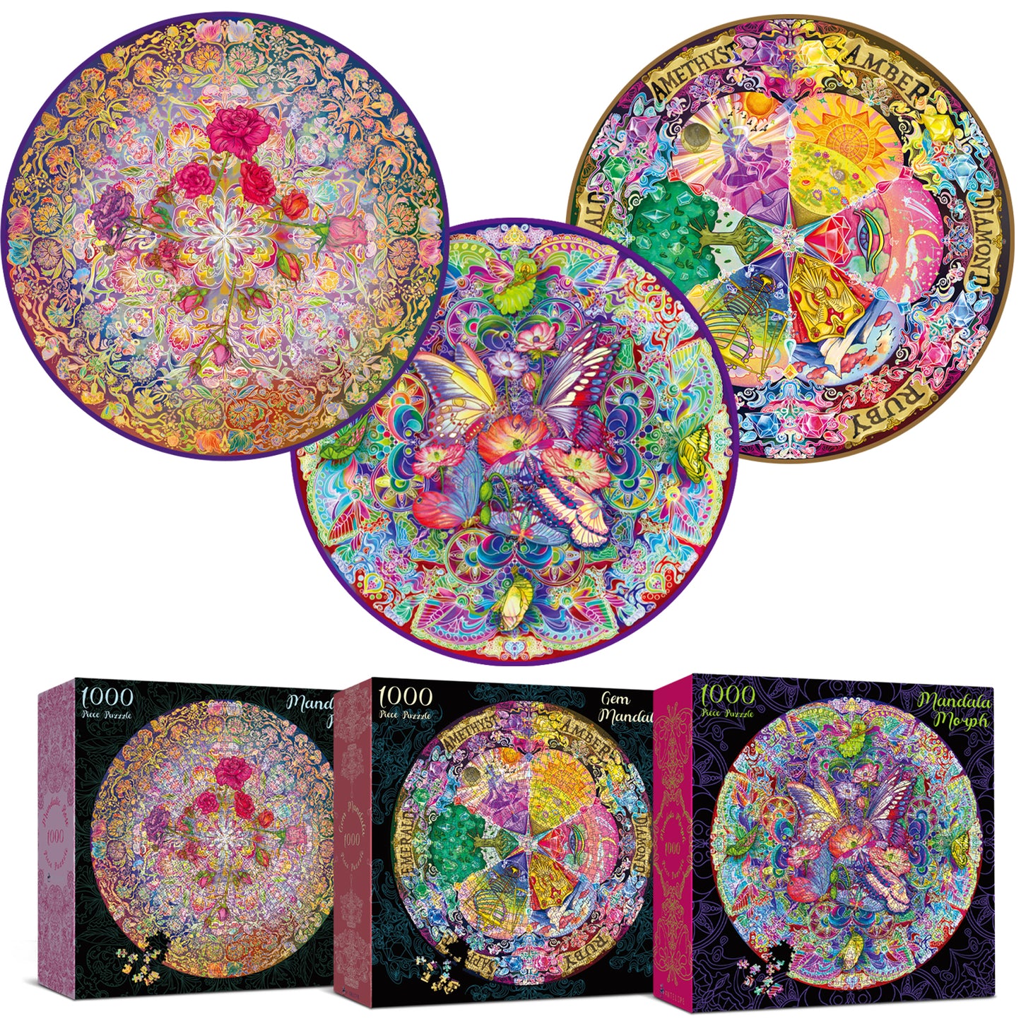 3 in 1 1000 Piece Jigsaw Puzzle Bundle: Mandala Morphe, Mandalic Rose & Gem Mandala
