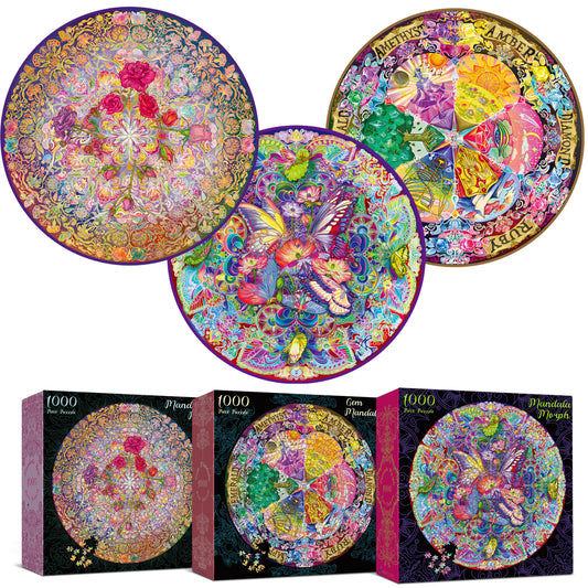 3 in 1 1000 Piece Jigsaw Puzzle  Bundle: Mandala Morphe, Mandalic Rose & Gem Mandala