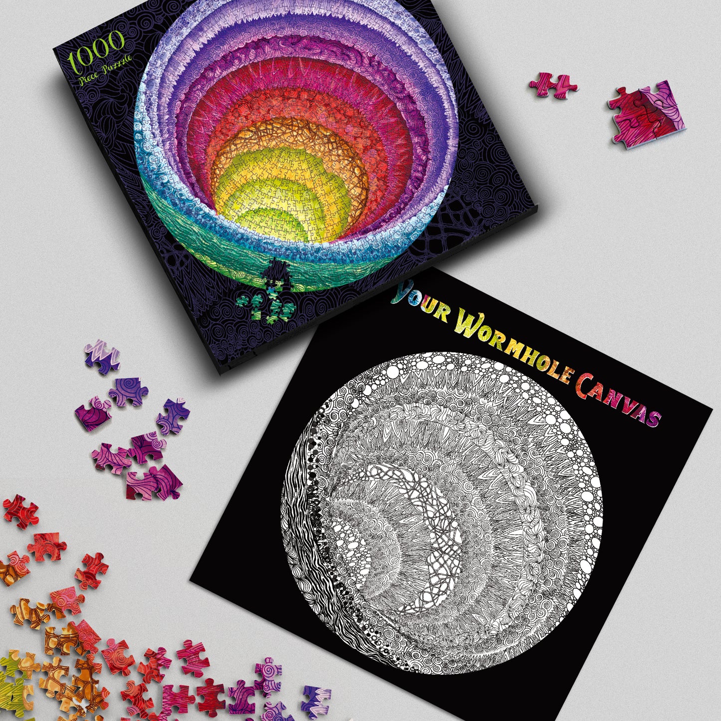 4 in 1 1000 Piece Jigsaw Puzzle Bundle: Hue Wormhole, Mandala Morphe, Mandalic Rose & Gem Mandala