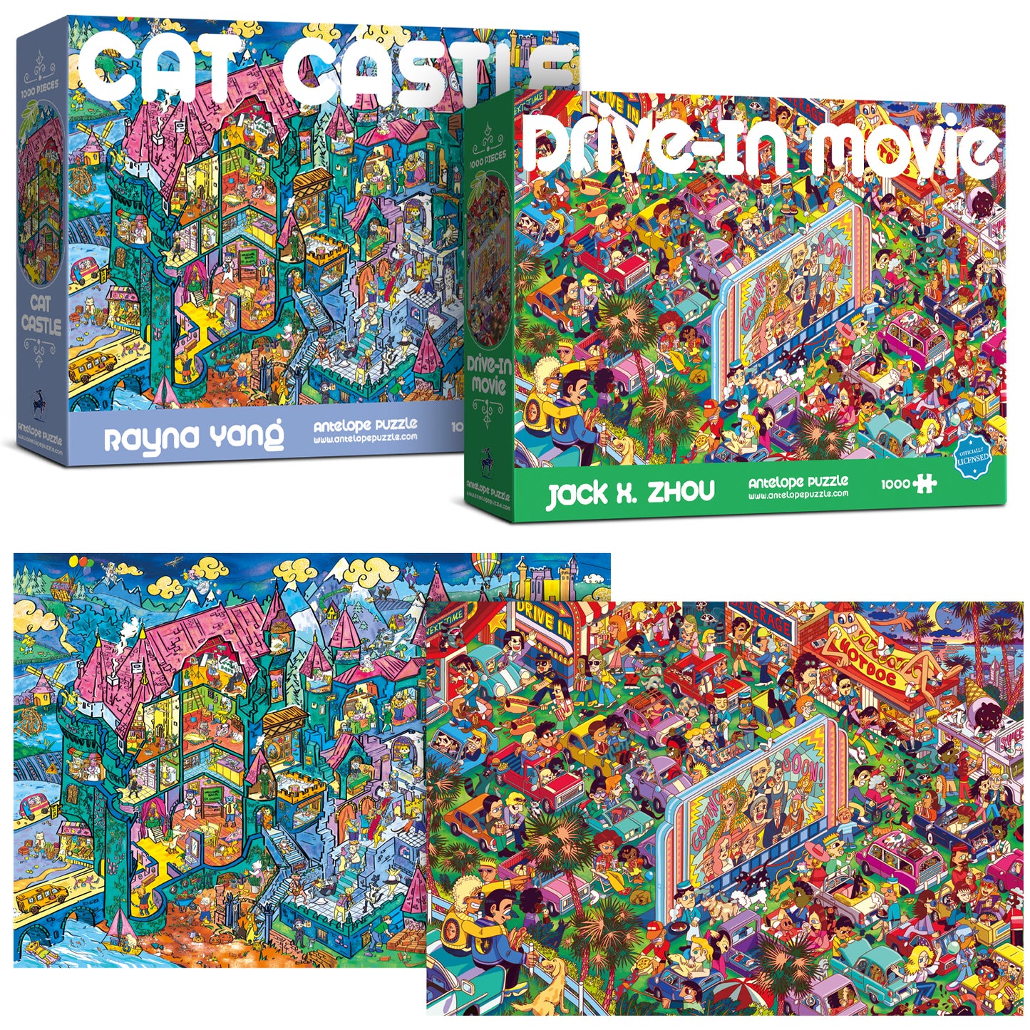 2 in 1 1000 Piece Puzzle Bundle - Cat Castle and Drive In Movie