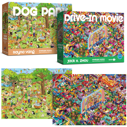 2 in 1 1000 Piece Puzzle Bundle - Dog Park and Roller Coaster