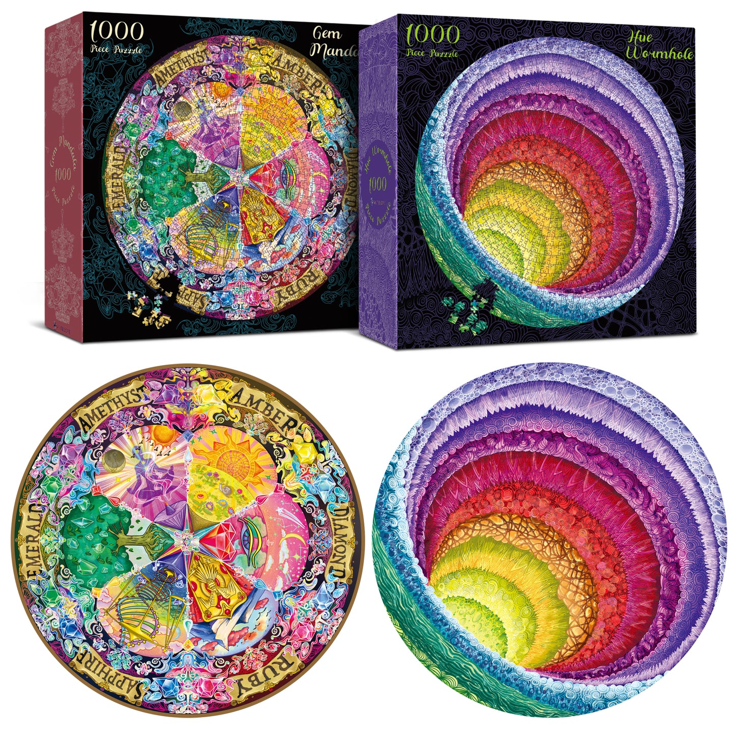 2 in 1 1000 Piece Jigsaw Puzzle Bundle: Hue Wormhole & Gem Mandala
