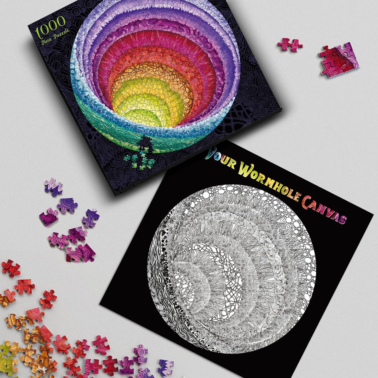 2 in 1 1000 Piece Jigsaw Puzzle Bundle: Hue Wormhole & Gem Mandala