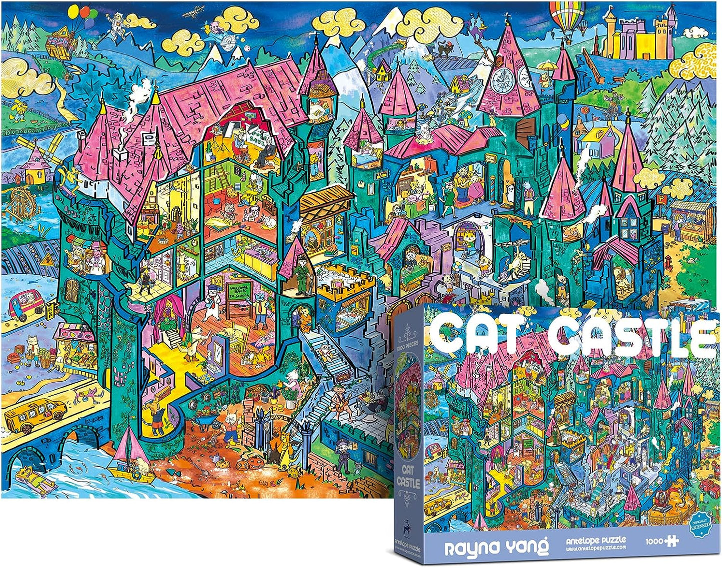 2 in 1 1000 Piece Puzzle Bundle - Cat Castle and Drive In Movie