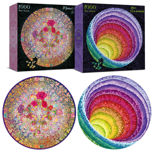 2 in 1 1000 Piece Jigsaw Puzzle Bundle: Hue Wormhole & Mandalic Rose