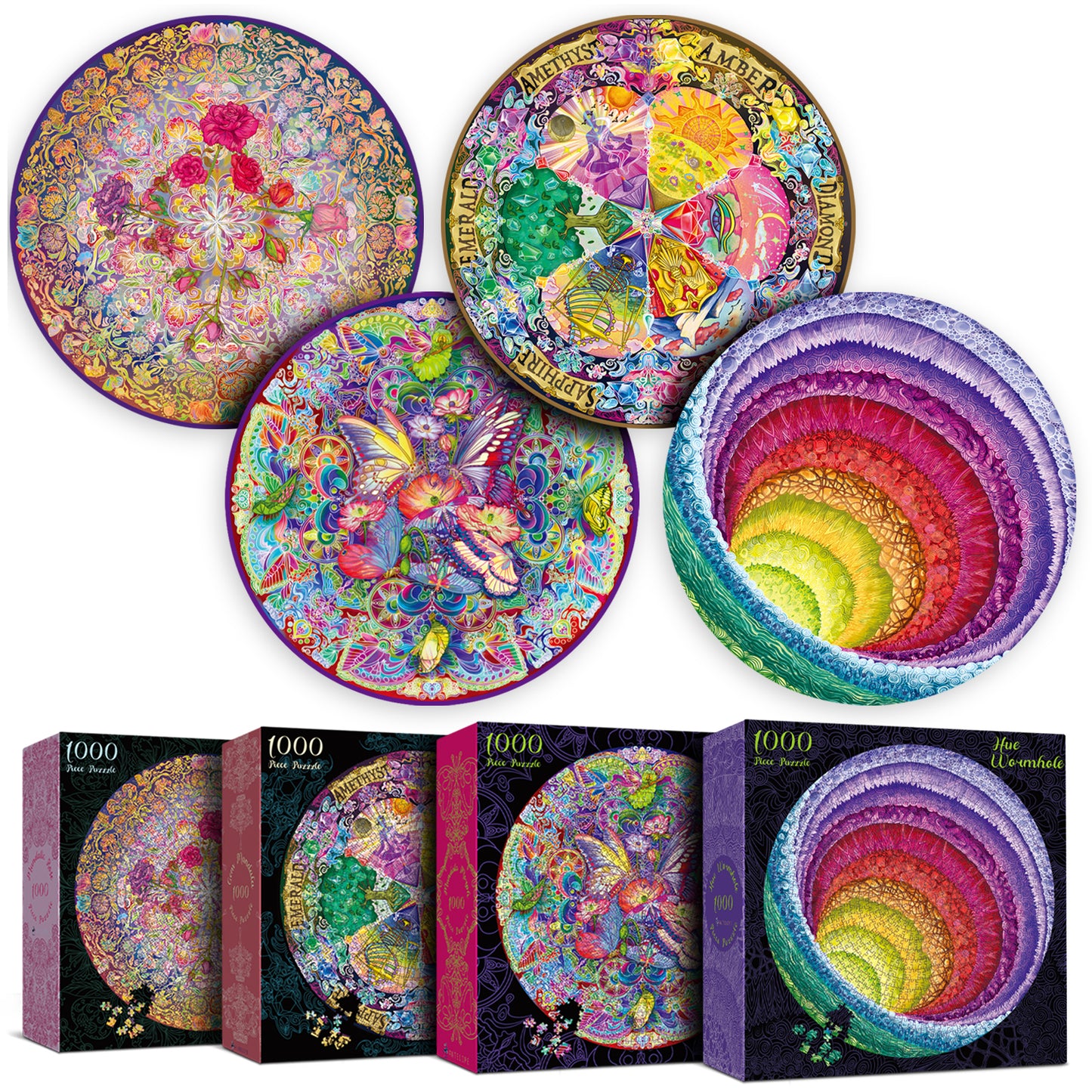 4 in 1 1000 Piece Jigsaw Puzzle Bundle: Hue Wormhole, Mandala Morphe, Mandalic Rose & Gem Mandala