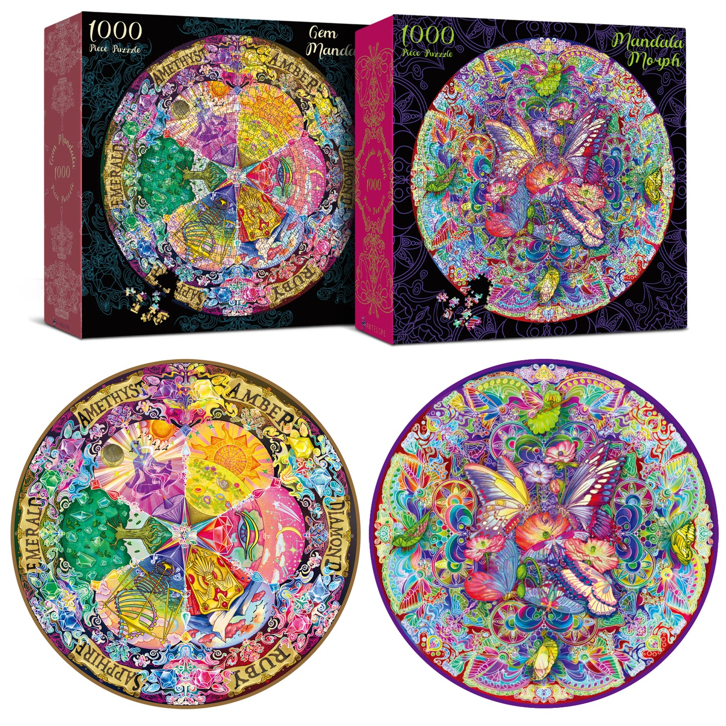 2 in 1 1000 Piece Jigsaw Puzzle Bundle: Mandala Morphe & Gem Mandala