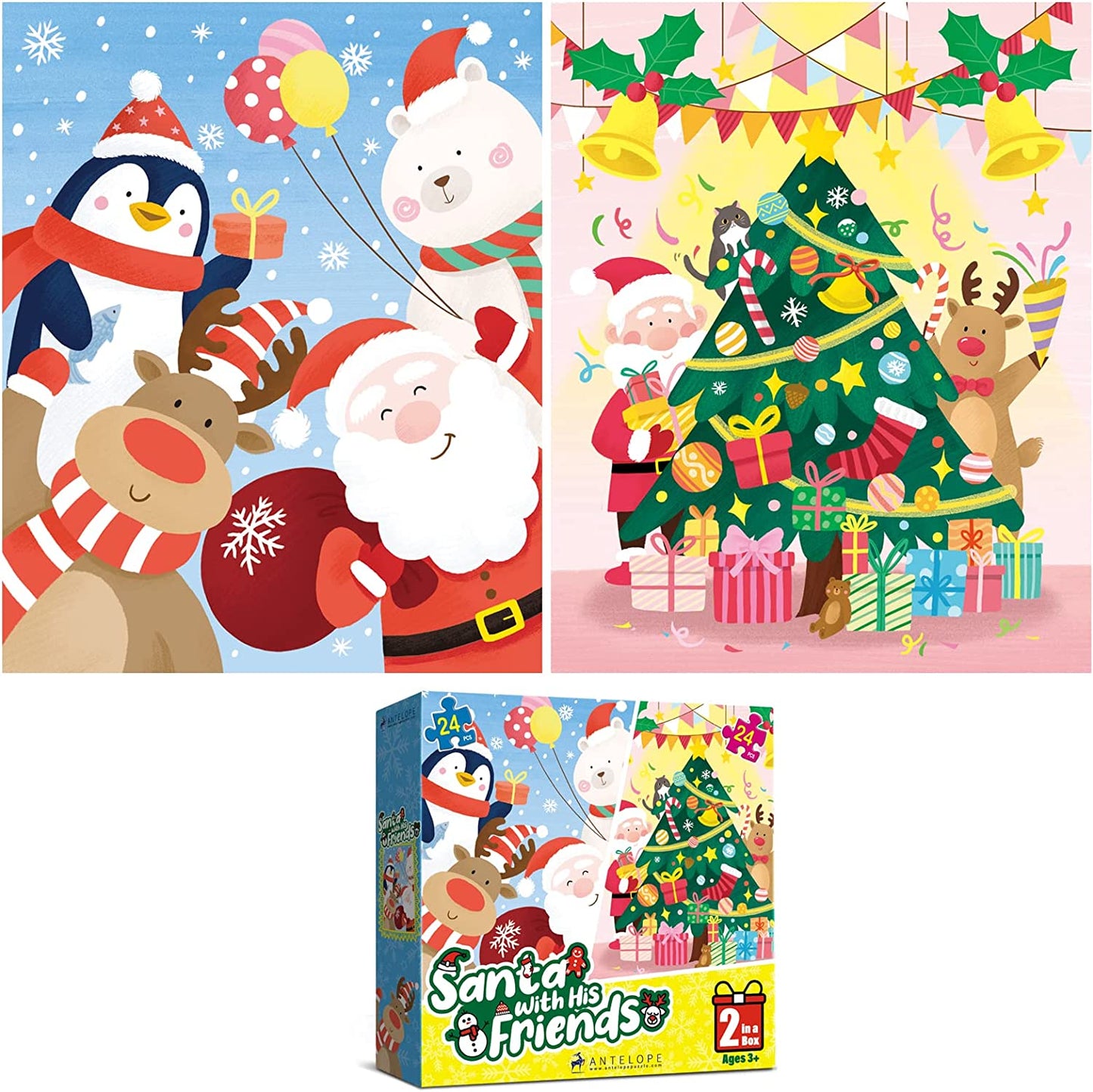 2 in 1-24 Large Piece Jigsaw Puzzle Santa with His Friends for Kids Age 3 and up