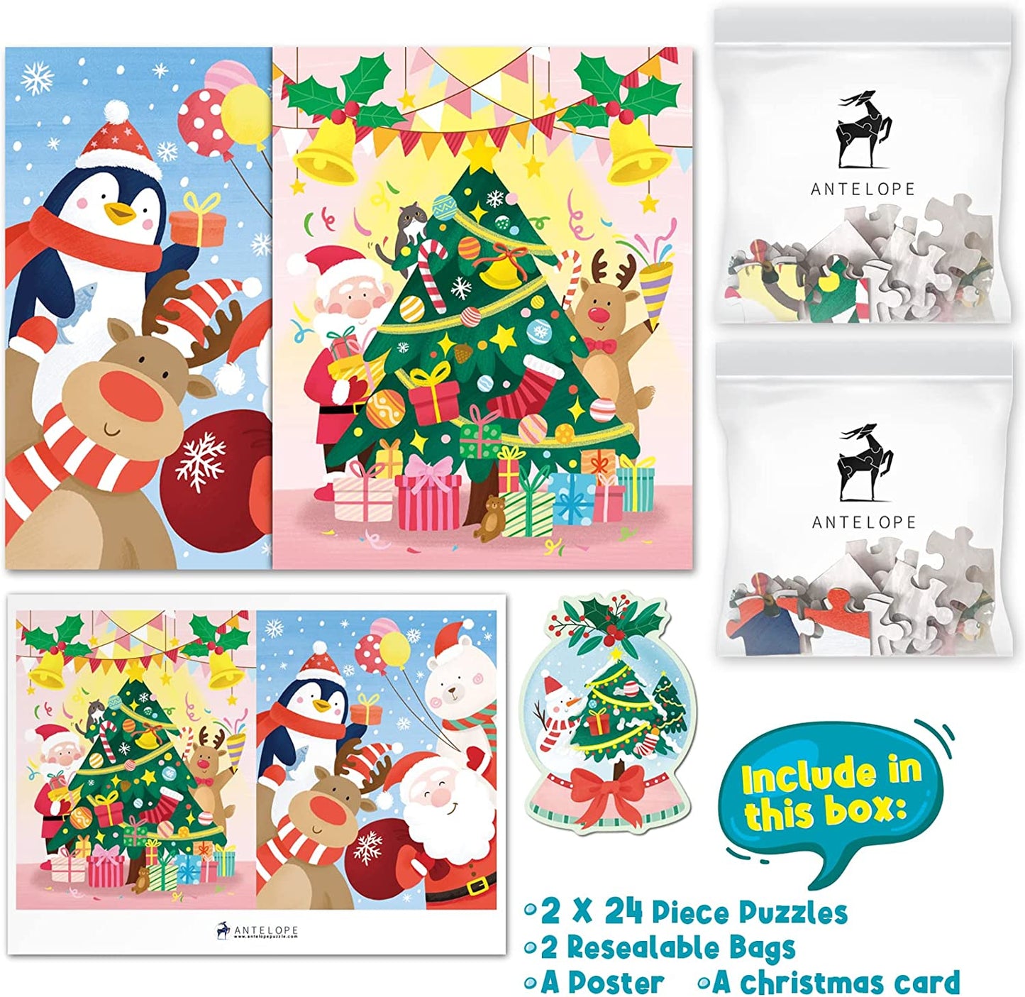 2 in 1-24 Large Piece Jigsaw Puzzle Santa with His Friends for Kids Age 3 and up