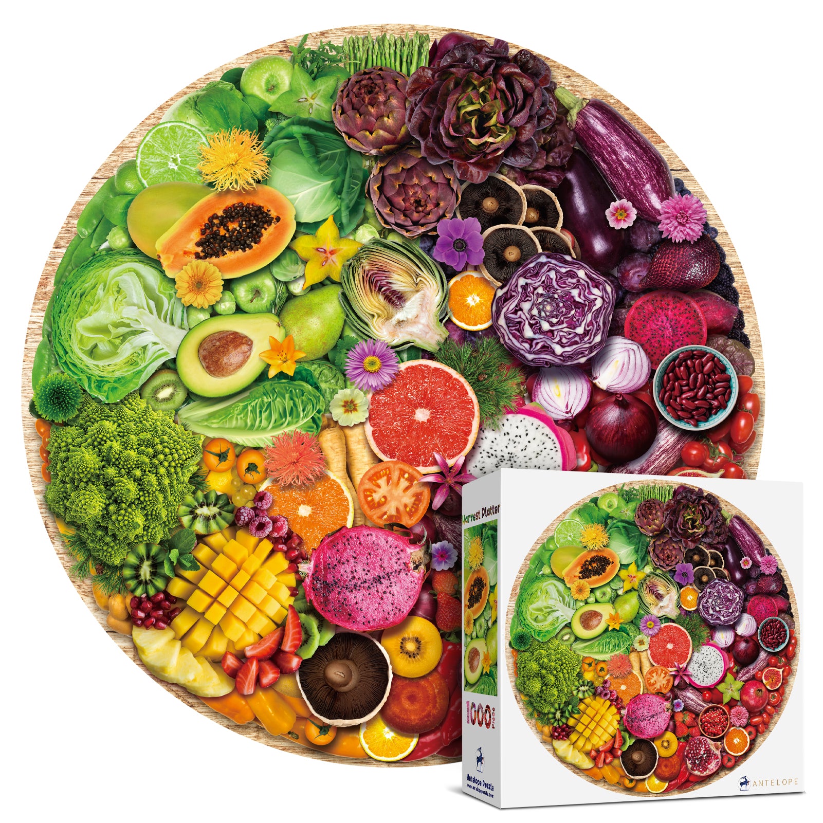 Puzzle of vegetables and fruits arranged in a rainbow