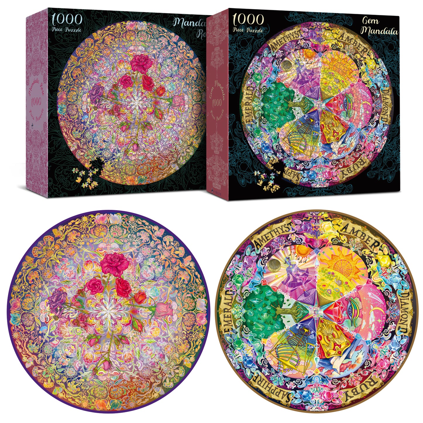 2 in 1 1000 Piece Jigsaw Puzzle  Bundle: Mandalic Rose & Gem Mandala