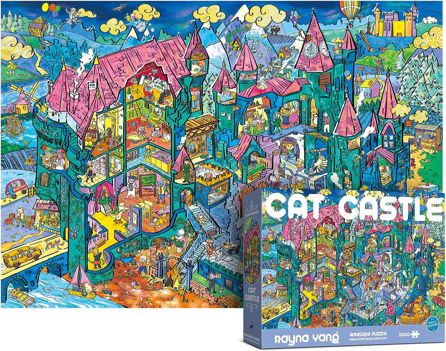 Antelope 2 in 1 1000 Piece Puzzle Bundle - Cat Castle - 1000 Piece Jigsaw Puzzle Bundle with Drive In Movie - 1000 Piece Jigsaw Puzzle