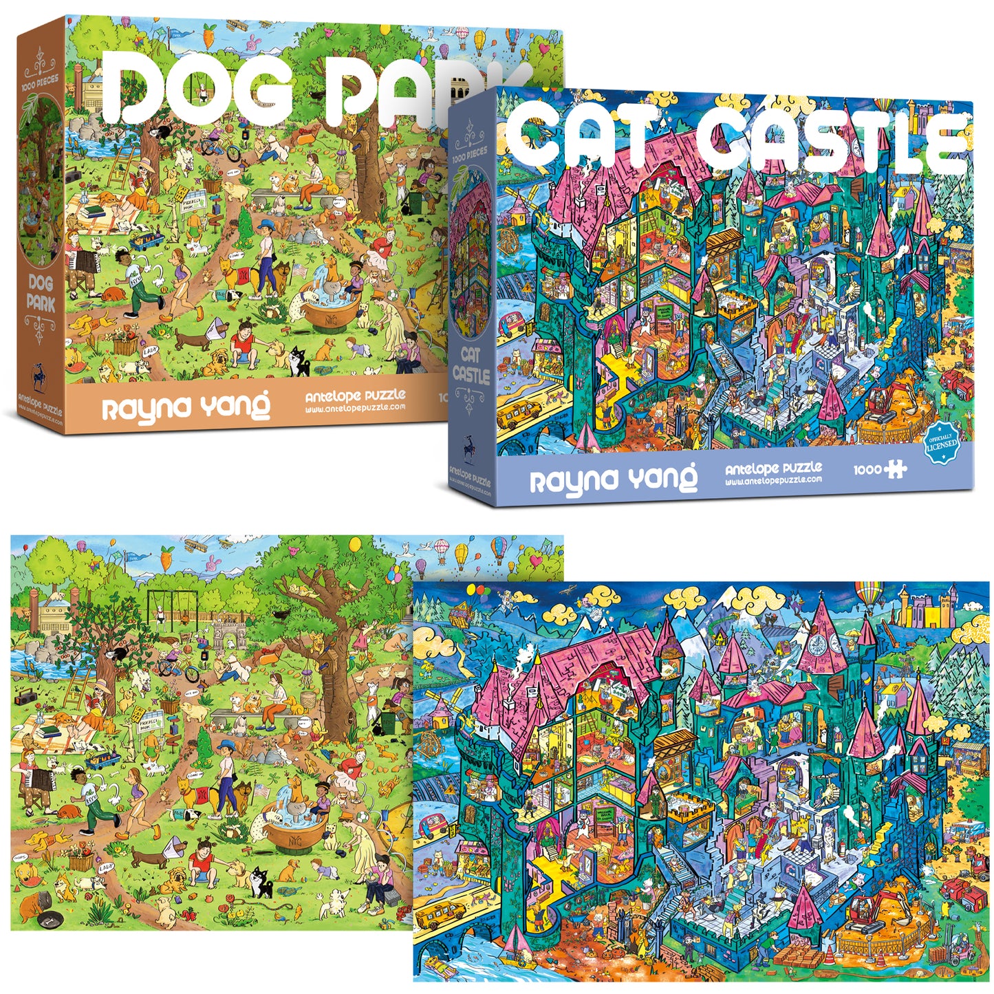 2 in 1 1000 Piece Puzzle Bundle - Dog Park and Cat Castle