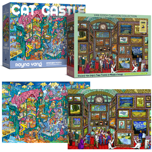 2 in 1 1000 Piece Puzzle Bundle - Cat Castle and Van Gogh's Time Travel to Muse Da Orsay