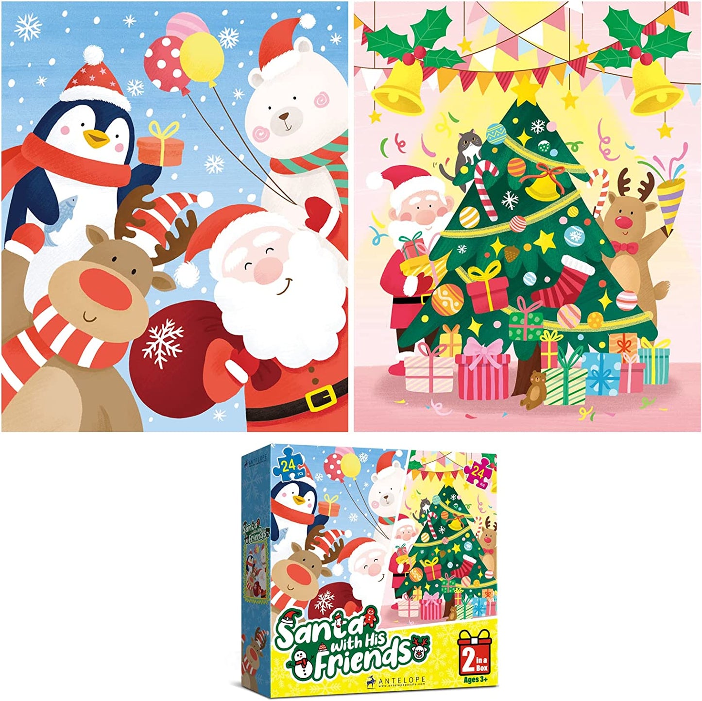 2 in 1-24 Piece Jigsaw Puzzle for Kids Age 3 and up, Santa with His Freinds Jigsaw Puzzles, 24 Large Pieces Puzzle, 11.7" x 8.3", 2-Pack of Christmas Puzzles